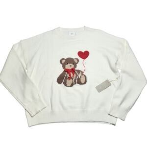 Luna Ivy Sweater Valentine 3D Teddy Bear Heart Crewneck White Red Pullover Large